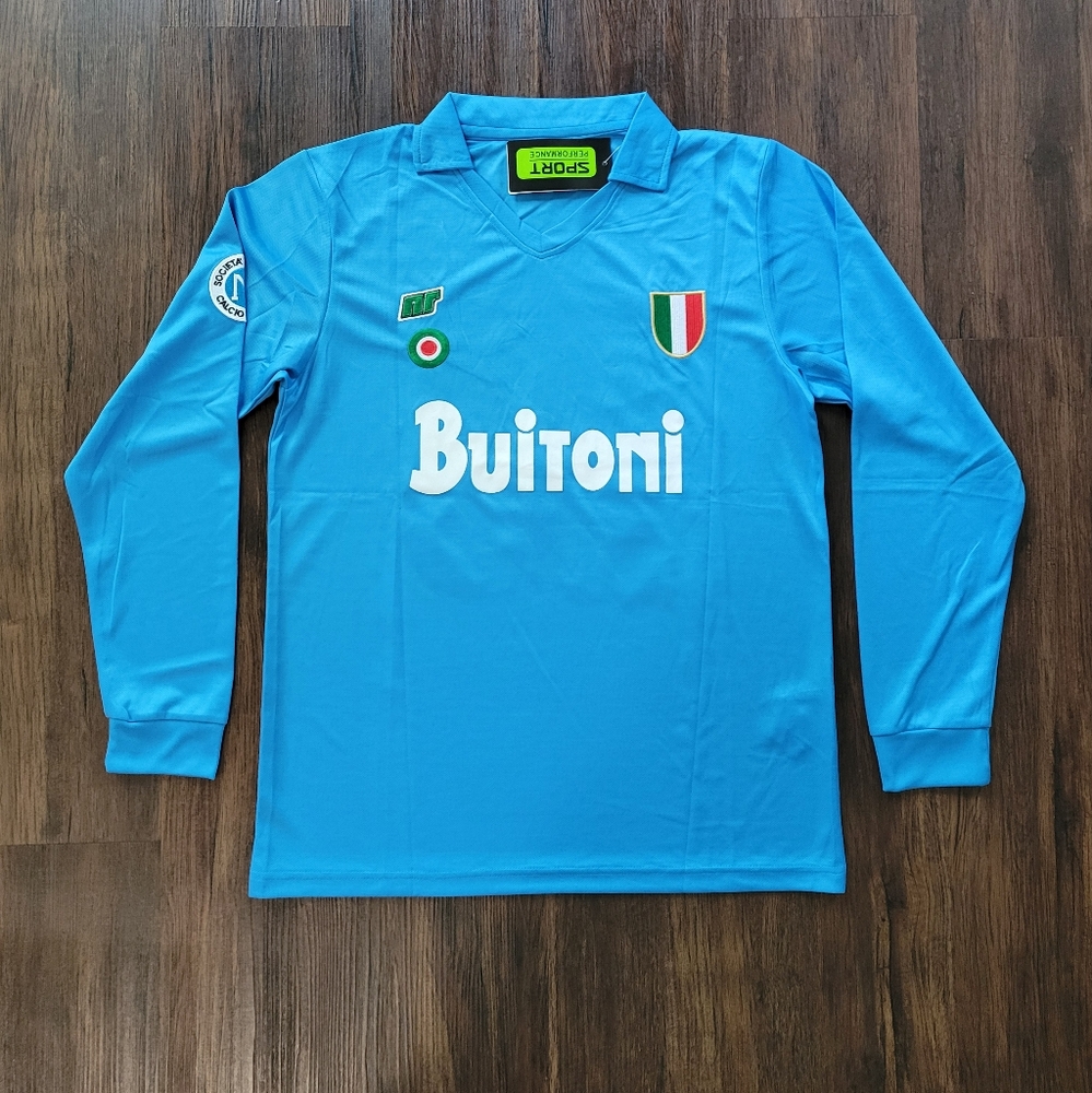 Diego Maradona Napoli New Men's Retro Vintage Long Sleeve Blue Soccer Jersey